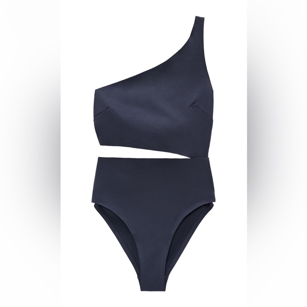 ZARA CUT-OUT LASER-CUT ONE PIECE SWIMSUIT | GRAY/BLUE/NAVY | SMALL